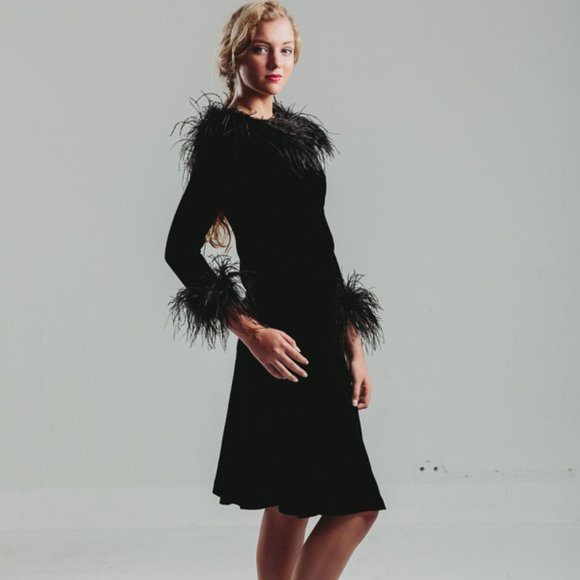 Vintage 80s Ricki Lang for NUIT Ostrich Feather Black Velvet Dress